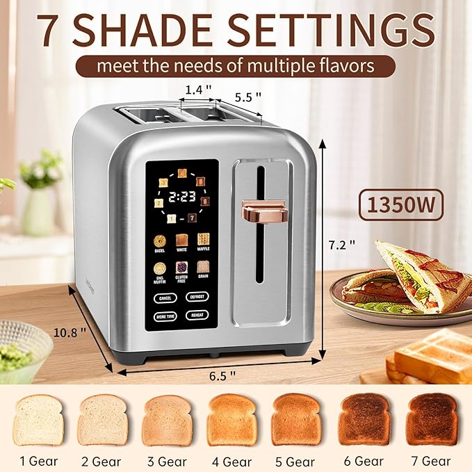 SEEDEEM Toaster 2 Slice Touch Control Stainless Toaster LCD Display 50% Faster Heating Speed 1.4'' Wide Slots More Timer Functions Removable Crumb Tray 1350W Silver Metallic