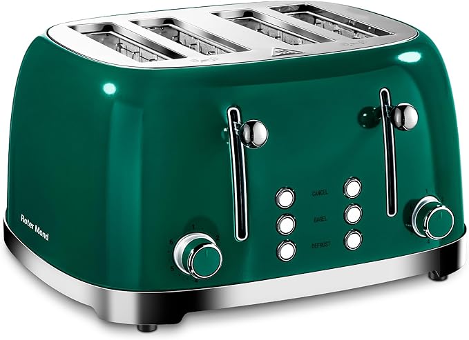Roter Mond 4 Slice Toaster Retro Stainless Steel with Bagel Defrost Cancel Function 6 Browning Settings Extre Wide Slot and Removable Crumb Tray Green ST033