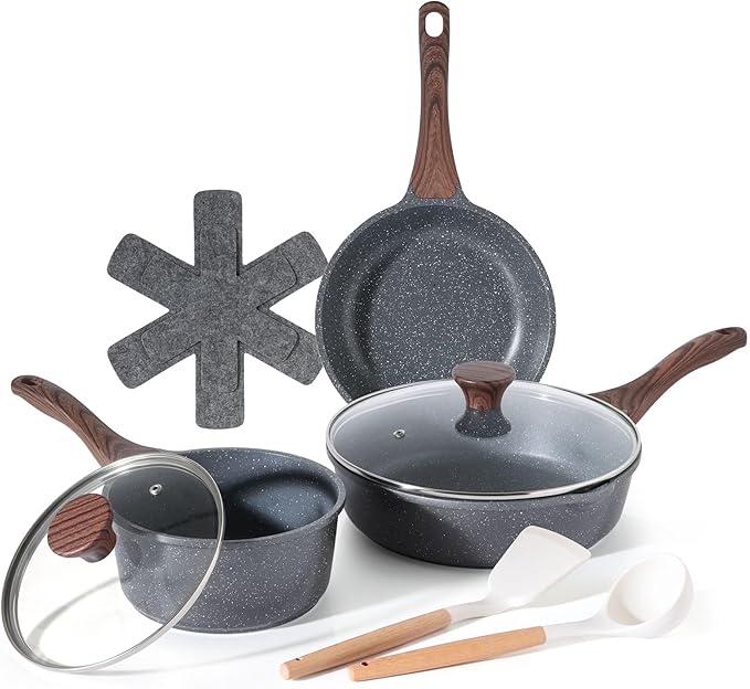 Nonstick Pots and Pans Set 10Pcs Non Stick Cookware Set with Pots Protectors Induction Kitchen Cookware Sets (Gray)