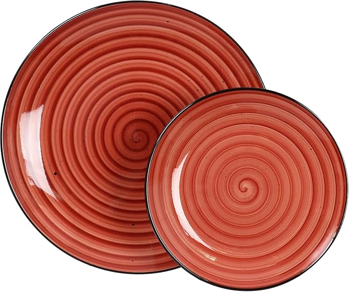 24-Piece Stoneware Dinnerware Set – Round Two-Tone Hand-Painted Dishes with Swirl Design Service for 6 Microwave &amp Dishwasher Safe Tableware (Red)