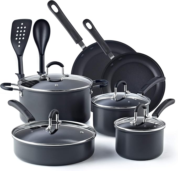 Cook N Home Pots and Pans Set Nonstick Professional Hard Anodized Cookware Sets 12-Piece Dishwasher Safe with Stay-Cool Handles Black