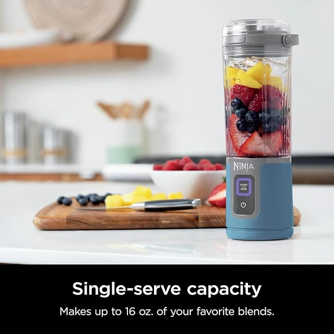 Ninja Blast 16 oz. Personal Portable Blender with Leak Proof Lid and Easy Sip Spout Perfect for Smoothies Cordless USB-C Rechargeable Dishwasher Safe Parts (Renewed) (Denim Blue)