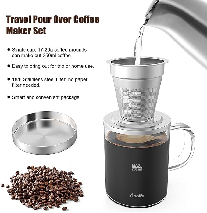 Pour Over Coffee Maker Set for Travel/Camping/Hiking Single Cup Stainless Steel Coffee Filter 14 Oz Borosilicate Glass Mug Extra Permanent Lid and Moulded Neoprene Case at Home/Office
