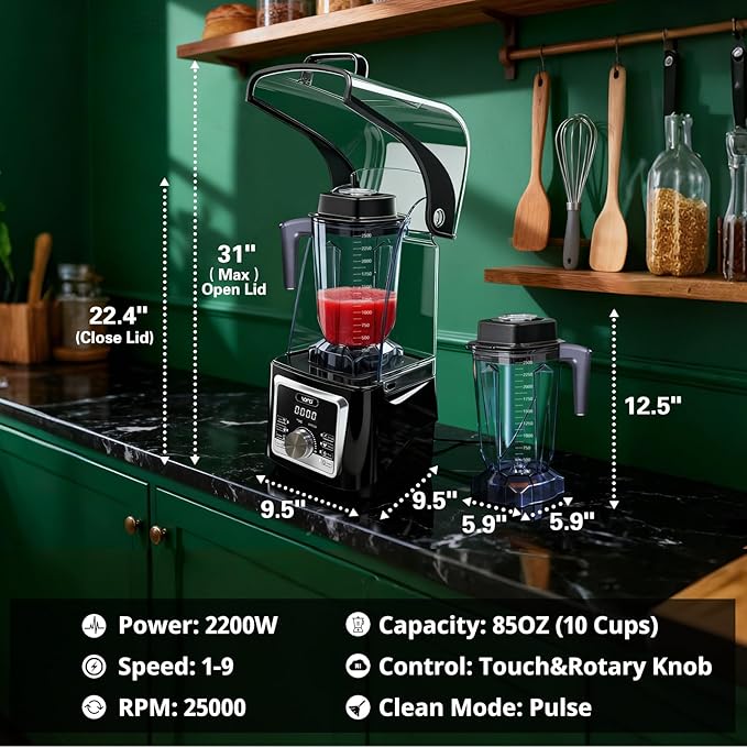 VONCI 2200W Commercial Blender With Sound Enclosure 85OZ Large Capacity Quiet Blender For Smoothies Heavy Duty Industrial Blenders For Restaurant Perfect For Kitchen Ice Crush Milk Shake Fruits