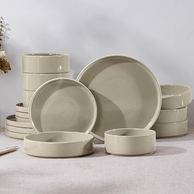 E-far 16-Piece Plates and Bowls Sets - Stoneware Dinnerware Sets with Pasta Bowls for 4 | Microwave &amp Dishwasher Safe Kitchen Modern Dish Set Speckled Khaki