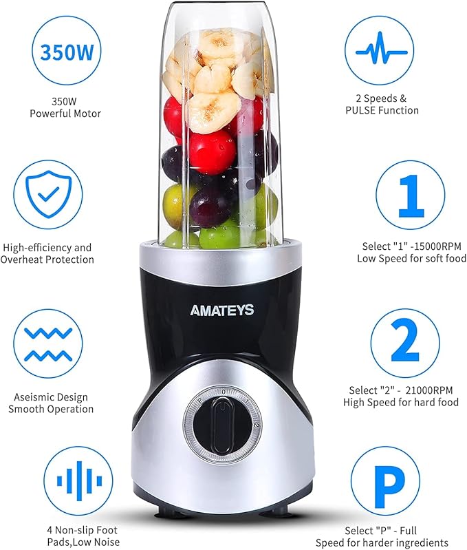 Personal Blender for Shakes and SmoothiesProfessional Kitchenblender with Blending &amp Grinding Blades Portable Coffee Grinder with 24/10 OZ Travel Bottles Adjustable Speeds Juice Blender
