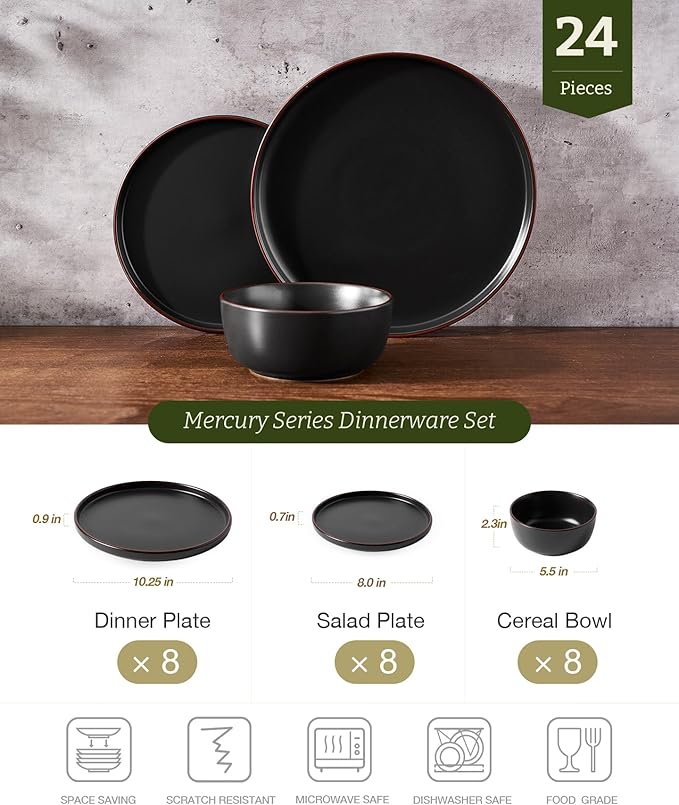Famiware Mercury 24 Pieces Dinnerware Sets Plates and Bowls Sets for 8 Microwave and Dishwasher Safe Dish Set Matte Black