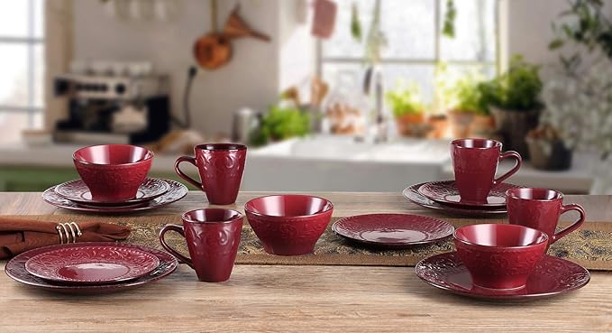 Lorren Home Trends 16 Piece Stoneware Scroll Dinnerware Set-Red