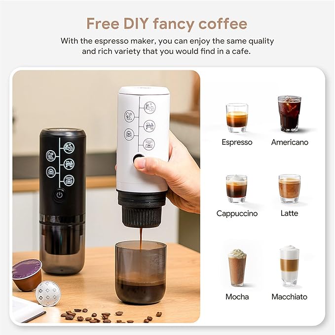 Portable Coffee Maker 17Bar Pressure Electric Coffee Machine 2600mAh Battery for Travel Camping Office for Powder and Capsules (Black)