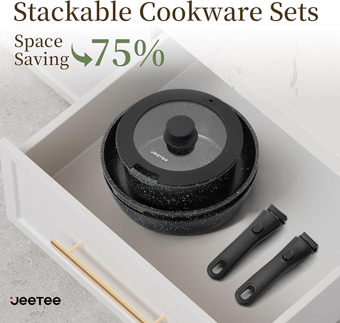 JEETEE Pots and Pans Set Non Stick 19pcs Kitchen Cookware Sets with Detachable Handle Induction Nonstick Cookware Set with Removable Handle Stackable RV Cookware Oven Safe PFOA Free Black