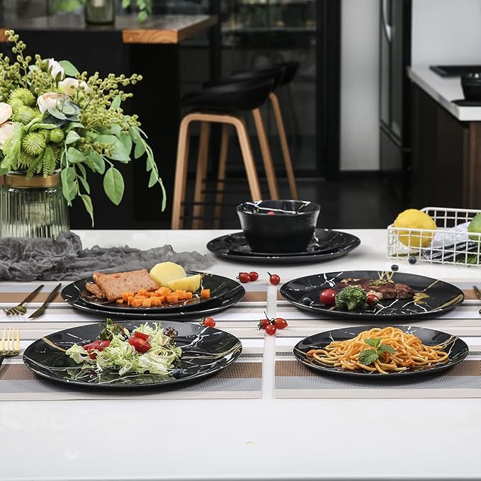 Melamine Dinnerware Set - 12pcs Plates and Bowls Sets Best for Indoor and Outdoor Party BPA-Free Dishwasher Safe Kitchen Dinner Set with Black Marble Pattern