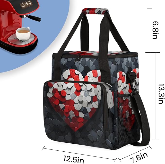 Red Heart Jigsaw Coffee Maker Carrying Bag Portable Travel Storage Tote Bag Compatible with K-Mini or K-Mini Plus Single Serve Coffee Brewer Carrying Case with Multiple Pockets &amp Shoulder Strap