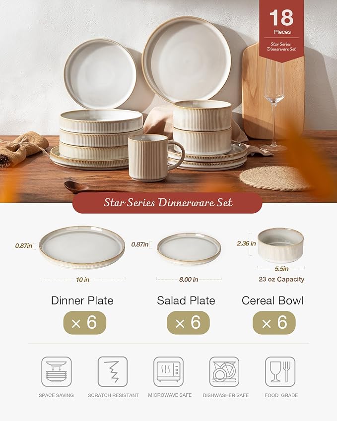 Famiware Star Dinnerware Set with Plates and Bowls Service for 6 (24-Piece) Stoneware Kitchen Dishes Dinner Sets - Cappuccino White