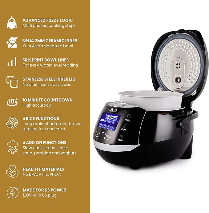 Yum Asia Sakura Rice Cooker with Ceramic Bowl and Advanced Fuzzy Logic (8 Cup 1.5 Litre) 6 Rice Cook Functions 6 Multicook Functions Motouch LED Display 120V Power (Black and Silver)