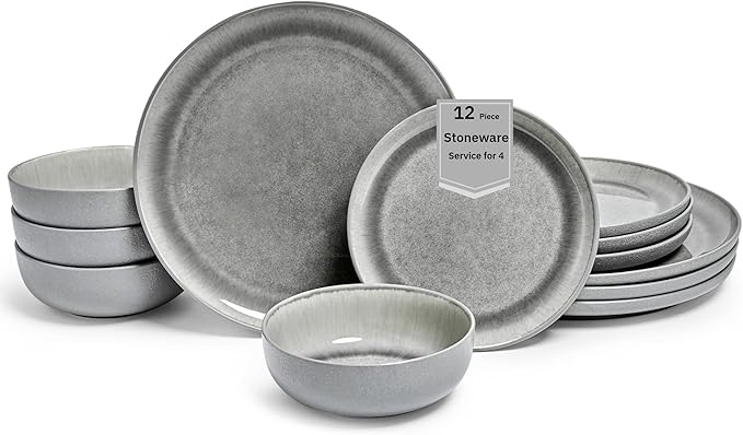 Sango Asher 12-Piece Stoneware Dinnerware Set for 4 Gray Ceramic Plates and Bowls Sets Modern Dish Set with Reactive Glaze Durable Kitchen Dishes for Casual Dining Microwave &amp Dishwasher Safe