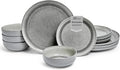 Sango Asher 12-Piece Stoneware Dinnerware Set for 4 Gray Ceramic Plates and Bowls Sets Modern Dish Set with Reactive Glaze Durable Kitchen Dishes for Casual Dining Microwave &amp Dishwasher Safe
