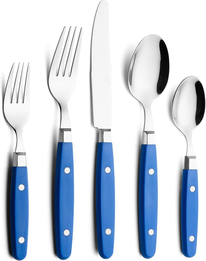 ANNOVA Silverware Set Retro/Rivet Colorful Stainless Steel Tableware Kitchen Flatware Set Utensils Includes Dinner Knives Forks Spoons Salad Forks &amp Dessert Spoons (Sapphire Blue 20 Pieces)