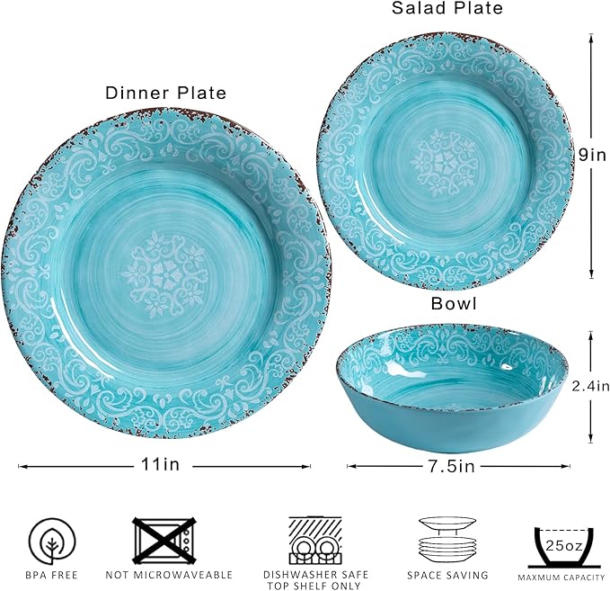 12-Piece Farmhouse Dinnerware Set set of 4 100% Melamine Dishes Serving Set with Plates and Bowls Non-breakable and Lightweight Dinner Set for indoor and outdoor entertaining Light Teal