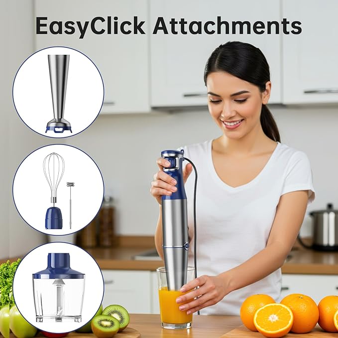 Immersion Blender Handheld Corded Hand Blenders Set 1100W Trigger Variable Speed 5 in 1 Stick Emulsifier with Chopper Whisk and Frother for Soup Baby Food and Smoothies Navy Blue