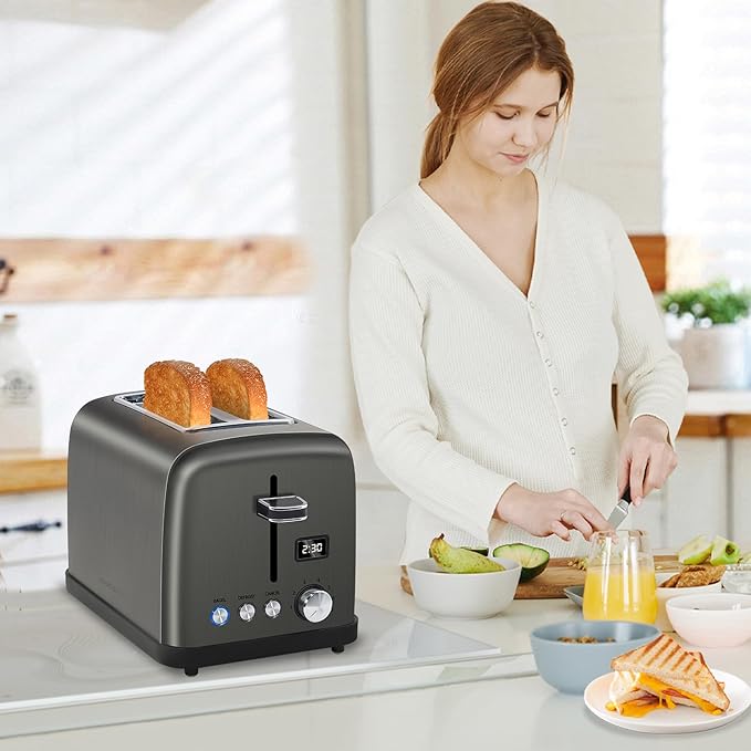SEEDEEM Toaster 2 Slice LCD Display 7 Shade Settings 1.4'' Wide Slots Stainless Steel Digital Toaster for Bagel Defrost Reheat Removable Crumb Tray 900W Grey