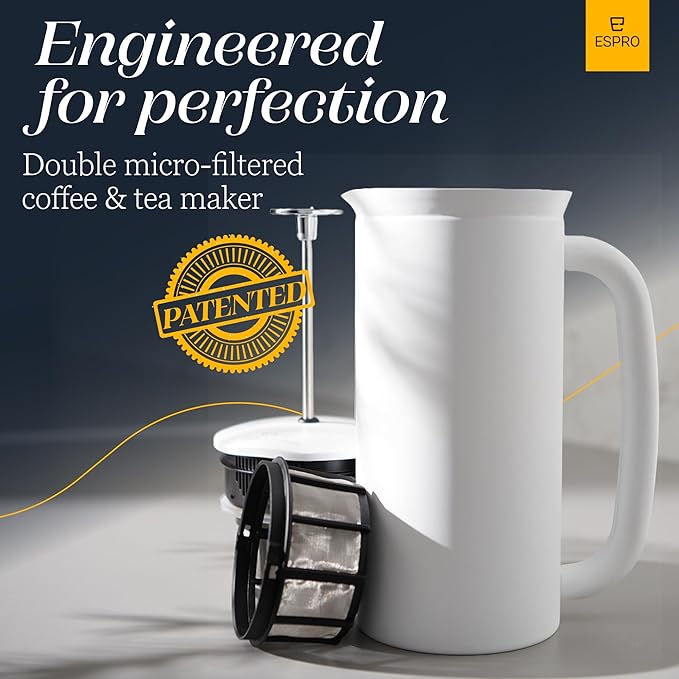 ESPRO P7 French Press Stainless Steel 304 – Patented Double Walled Micro-Filter Insulated French Press Coffee Maker Grit-Free Brew - Heat Resistant BPA Free - Matte White (18oz)
