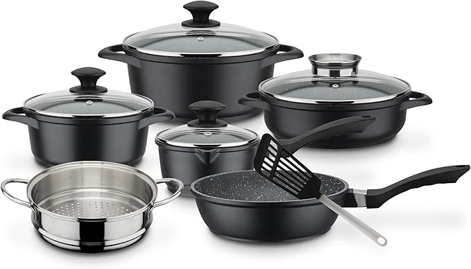 GSW Gourmet Granite Cooking Pot Set 10 Pieces Aluminium Glass Plastic Stainless Steel Black