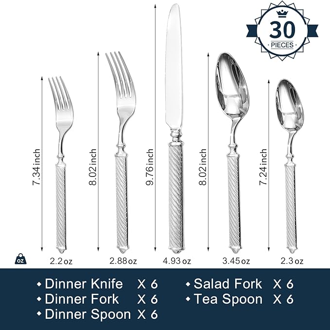 KINGSTONE Retro Rope-Pattern Silverware Set 30-Piece Flatware Set Cutlery Set Forged with Handcrafted Texture Handles 18/10 Stainless Steel Dishwasher Safe