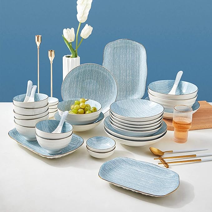 Ceramics Dinner Sets 50 Pieces Light Blue Dinnerware Set - Japanese-Style Porcelain Cereal Bowl and Steak Plate Set for Family Gathering and Restaurant