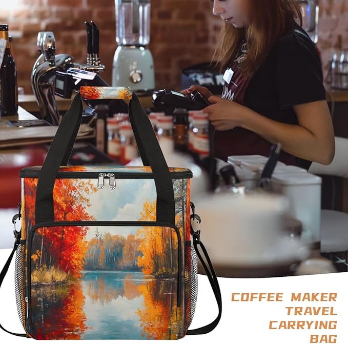 Autumn Maple Tree Maple Leaves Pattern Coffee Maker Carring Bag Travel Carrying Storage Tote Bag Compatible with Keurig K-Mini or K-Mini Plus Portable Single Serve Coffee Brewer Case with Pockets