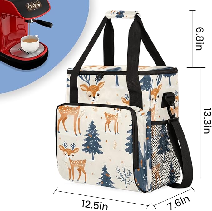 Cartoon Tree Christmas Coffee Maker Carrying Bag Travel Storage Bag Compatible with K-Mini or K-Mini Plus Single Serve Coffee Brewer Carrying Case with Multiple Pockets &amp Shoulder Strap