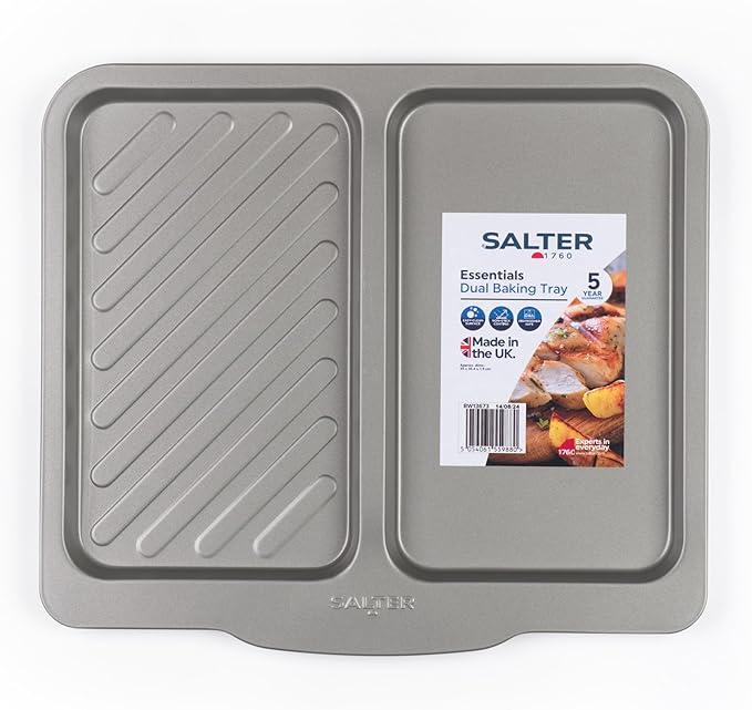 Salter Essentials Split Baking Tray – Non-Stick Coating Rectangular Dual Baking Tray Dishwasher Safe Easy to Clean Made in The UK Durable Carbon Steel Lightweight Oven Sheet PFOA-Free BW13673