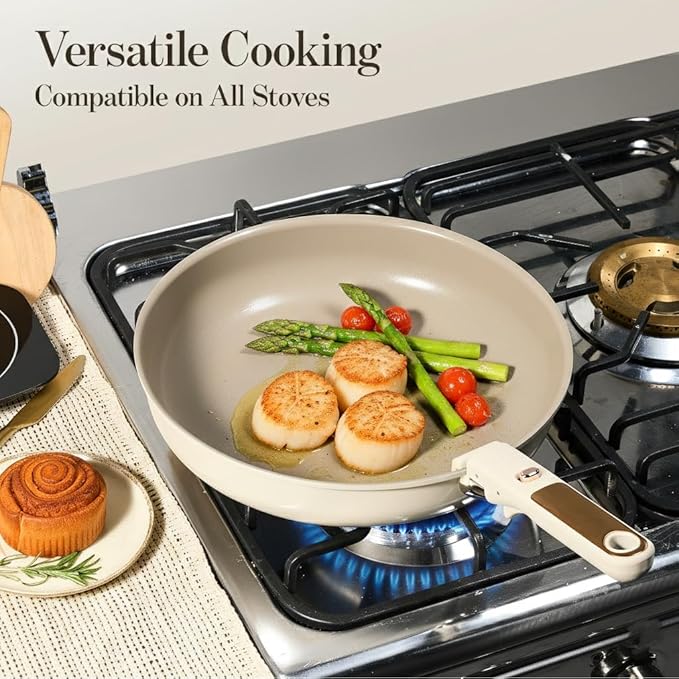 CAROTE 4pcs Ceramic Frying Pans Titanium Non Stick 8+10+12” Frying Pan Egg Pan Omelet Pans with Detachable Handle Nonstick Cookware PFOA Free Induction Compatible &amp Oven Safe Dishwasher Saf