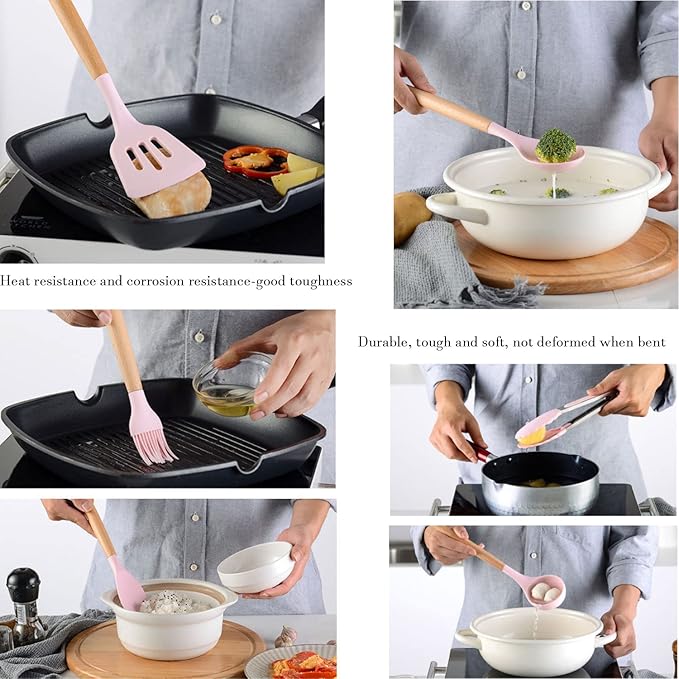11 pieces of silicone cookware set heat-resistant wooden handle kitchen gadget storage bucket non-stick cookware (Pink)