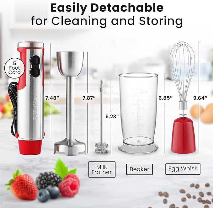Zulay 4-in-1 Immersion Stick Mixer Hand Blender - 800 Watts 12 Speeds 5-ft Power Electric Cord Handheld Portable Stainless Steel Blades - With Whisk Frother &amp Stick Blender Attachments - Red
