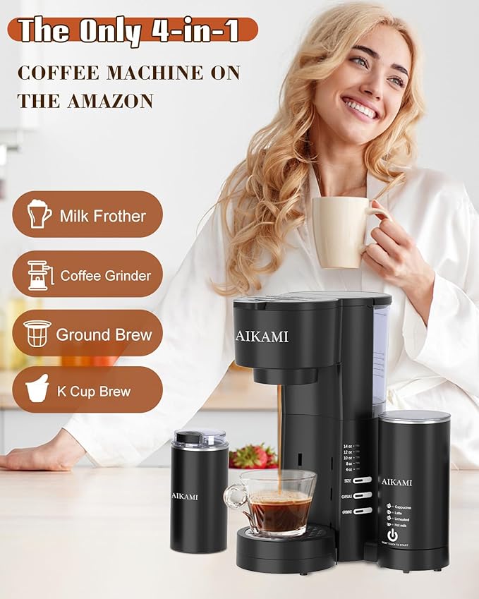 4 IN 1 Single Serve Coffee Maker with Milk Frother and Coffee Grinder Coffee Maker for K Cup and Ground Coffee with 30 oz Removable Water Reservoir 6 to 14 oz. Brew Sizes Coffee Machine for Home