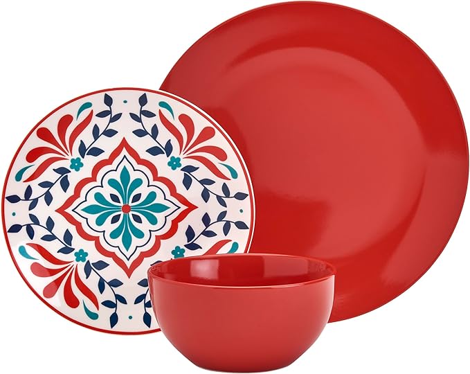 Tabletops Gallery 12-Piece Camila Patterned Ceramic Dinnerware Set of Kitchen Dishes Dinner Plates Cereal Bowls Service for 4 Red
