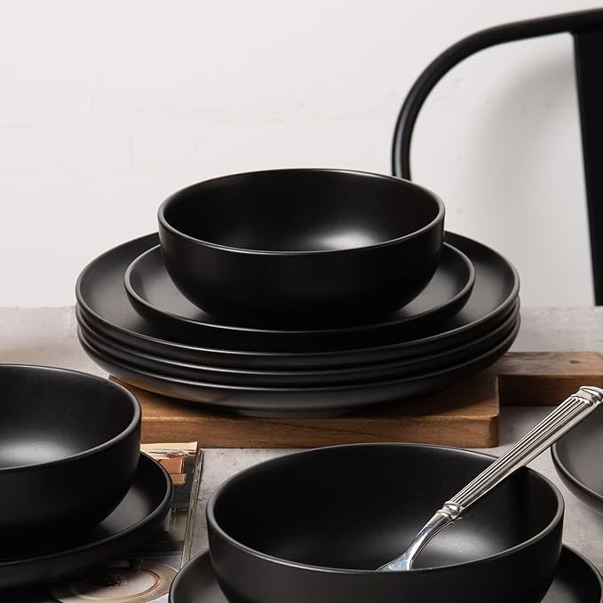 12-Piece Stoneware Dinnerware Set with Mugs | Microwave and Dishwasher Friendly | Stackable Matte Glaze Plates &amp Bowls | Service for 3 (Black for 4)