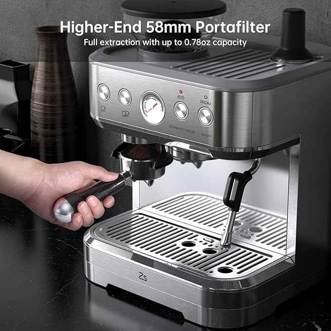 15 Bar Semi-Automatic Espresso Machine with Built-in Grinder Milk Frother &amp Steam Wand Italian Pump 2.5l Water Tank Stainless Steel Coffee Maker