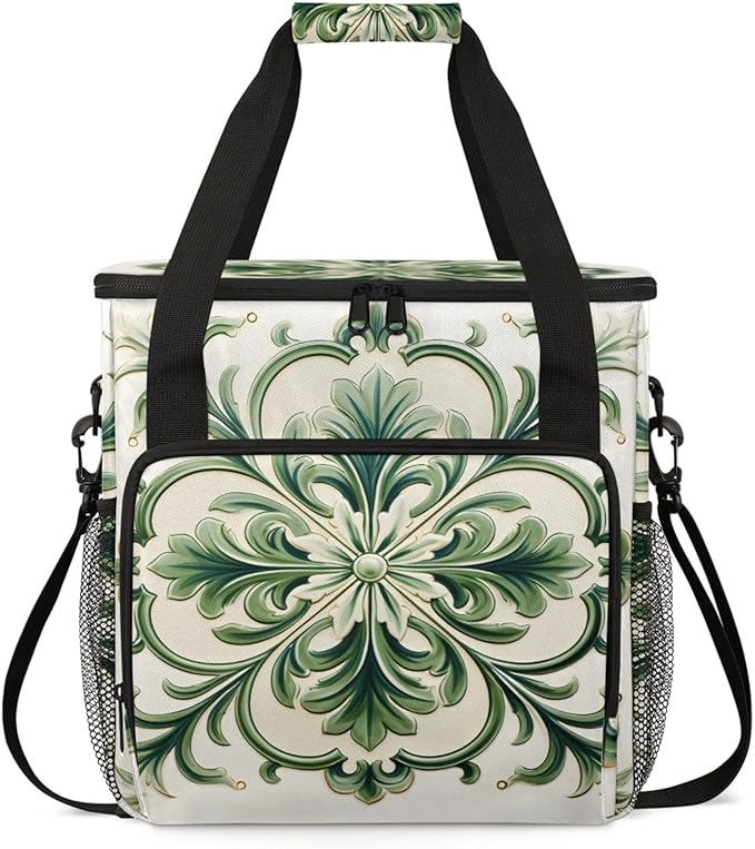 Green Floral Pattern Coffee Maker Travel Bag for Keurig K-Mini/K-Mini Plus Insulated Waterproof Tote with Pockets for K-Cup Portable Single-Serve Brewer Case