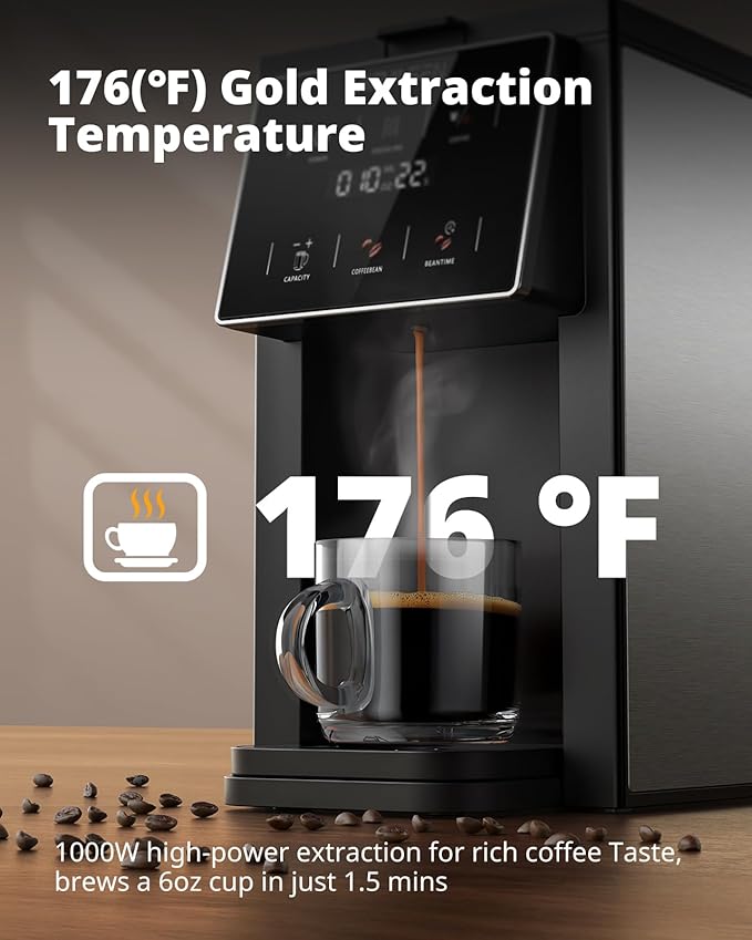 AIRMSEN Grind &amp Brew Coffee Maker with Built-in Grinder (2026 Model) - Single-Serve Compatible with K-Cup Pods &amp Ground 1000W Fast 6-14oz Brewer Descaling Alert Touchscreen &amp 50oz Remo