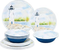 UPware 12 Piece Coastal Lighthouse Melamine Dinnerware Sets Outdoor Dishes Set Plates and Bowls Sets Service for 4 Blue