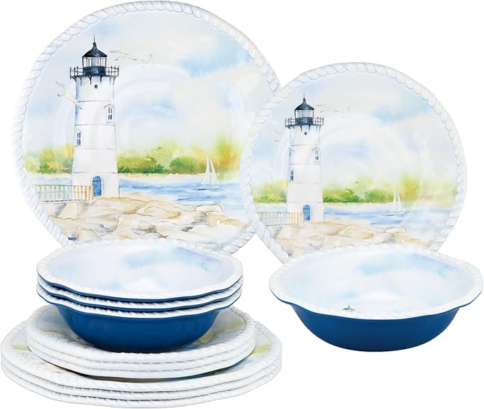 UPware 12 Piece Coastal Lighthouse Melamine Dinnerware Sets Outdoor Dishes Set Plates and Bowls Sets Service for 4 Blue