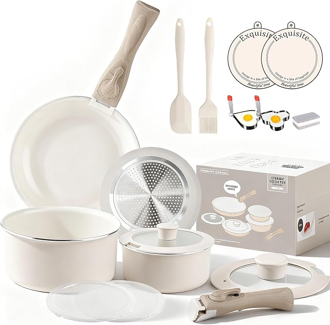 Heapsion 18-Piece Ceramic Nonstick Cookware Set PFAS/PFOA/PTFE-Free &amp Non-Toxic Pots and Pans Set with Detachable Handles Dishwasher Safe &amp Induction Compatible for Kitchen &amp RV Cooking