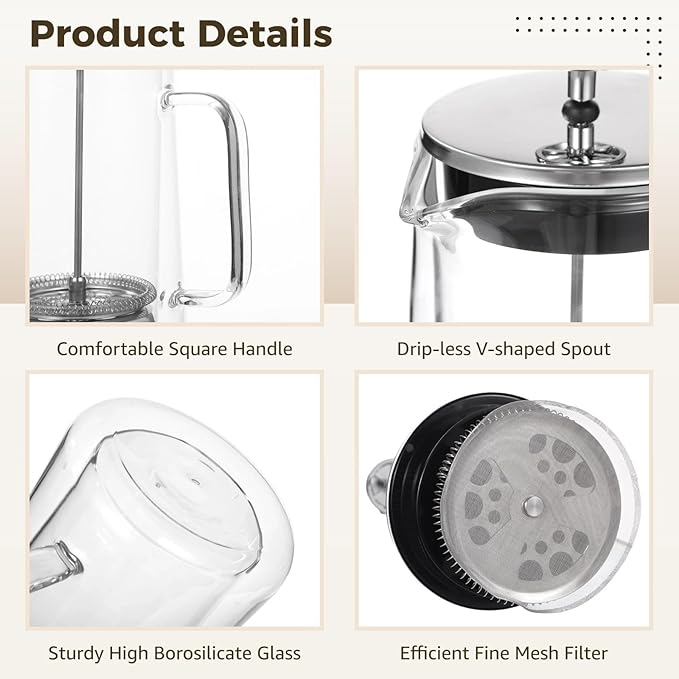 Press Coffee Maker 1000 ml/33.8 oz Double Wall Insulated Tea Maker Heat Resistant High Borosilicate Glass with Fine Mesh Filter &amp Ergonomic Handle Ideal for Hot and Cold Beverages