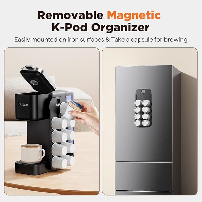 Hot &amp Iced Coffee Maker with Magnetic K-Pod Organizer (Pods Not Included) Stores 10 Pods 4-5 Cups Coffee Maker &amp Single-serve Brewer for K Cup &amp Grounds 40oz Removable Water Tank Black