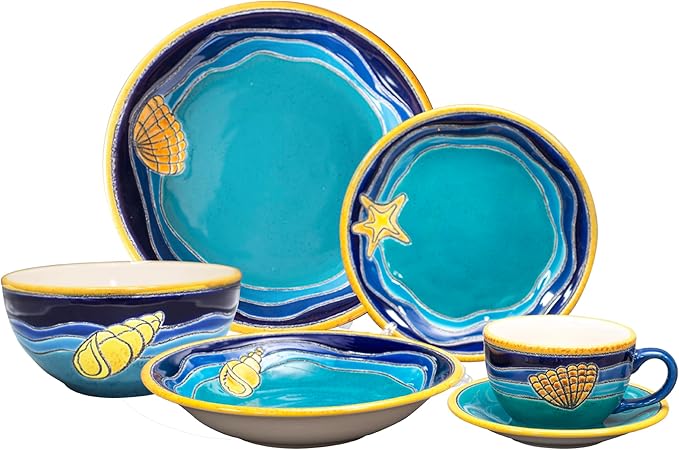 Artesa Vega Caribe Coastal Dinnerware Set Turquoise and Navy Blue with Gold Trim Handmade &amp Hand-Painted Ceramic 6-Piece Place Setting Seashell Design Microwave Safe