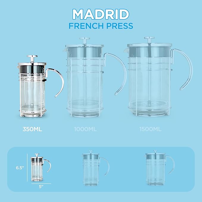 GROSCHE MADRID French Press - Premium Coffee and Tea Maker - 0.35L - 11.8oz - Borosilicate Glass Beaker - Dual Filter System For Rich Brew - Versatile Brewing | Stainless Steel Filter