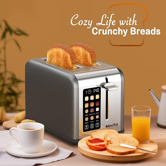 Mecity 2 Slice Touch Screen Toaster 1.5 Wide Slot Stainless Steel Smart Toaster for Bagels Muffins Waffles Gluten-Free Breads Defrost Reheat Timer 120V 825W Grey Pearl