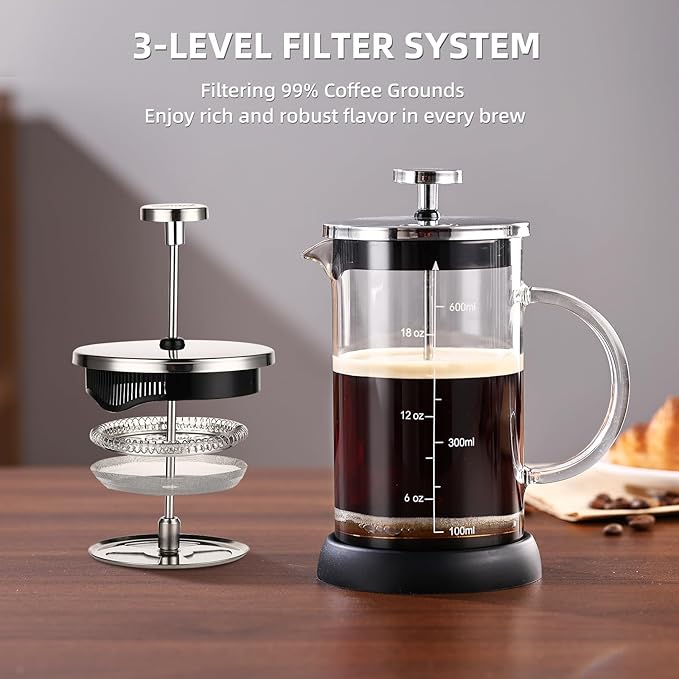 Bincoo French Press Coffee Maker 600ML - Single Layer Borolicate Glass Travel Coffee PressTea and Frothed Milk Press Easy to Use
