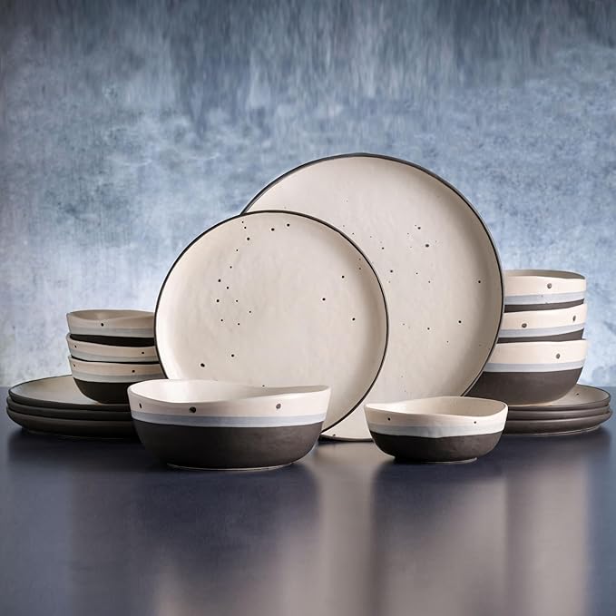 16-Piece Double Bowl Dinnerware Set White Solid Casual Round Stoneware 16 Piece Microwave Safe